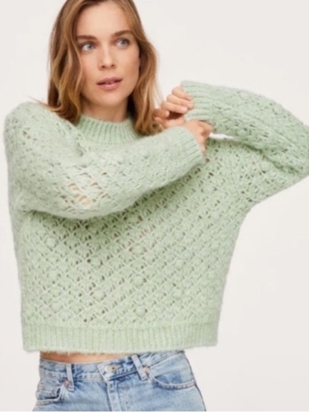 Mango Mint Green Openwork Oversized Sweater